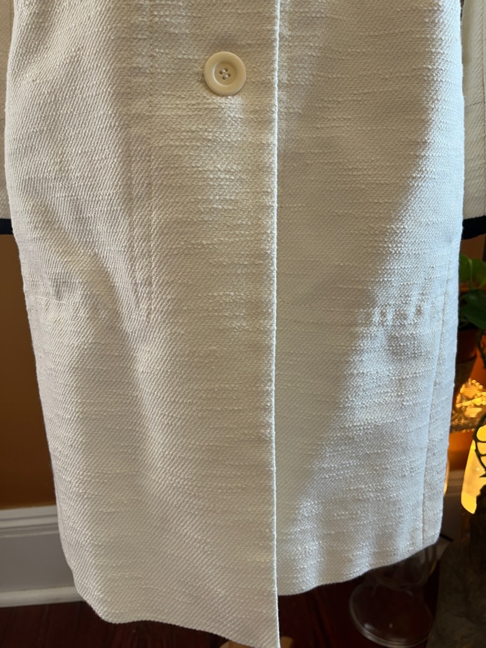 Talbots collarless textured Ivory Coat/Duster w/ Black Trim & pockets Size 14 - Picture 10 of 17
